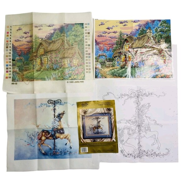 Vintage Cross Stitch Patterns Lot Janlynn English Cottage & Carousel Horse Chart - Picture 1 of 16